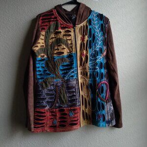 Vintage Y2K Rising International Brown Hoodie with Distressed Patchwork Detail